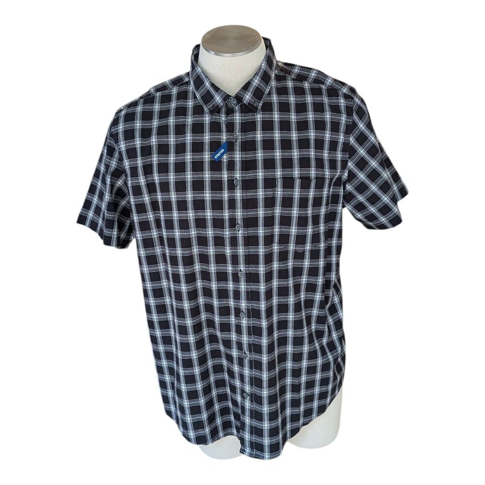 George Men's Classic Fit Plaid Short Sleeve Button-Up Shirt Black Casual 2XL